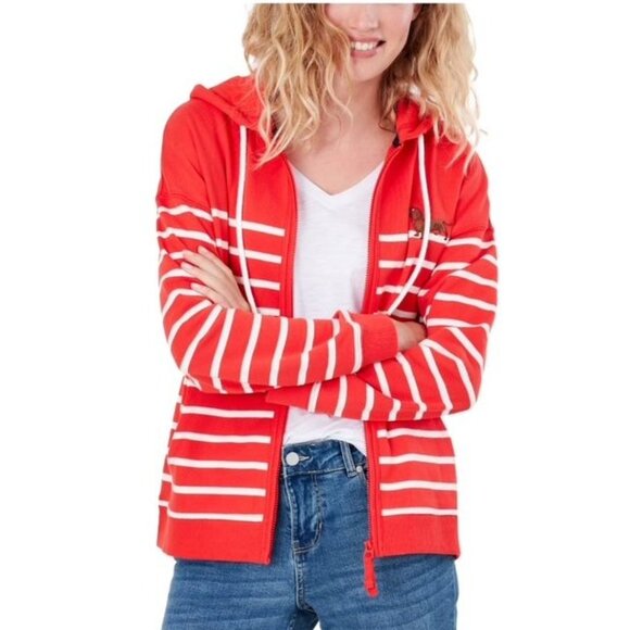 NWT Womens Joules Red & White Striped Zip-Up Hoodie w/Dachshund Embroidery - Picture 2 of 16
